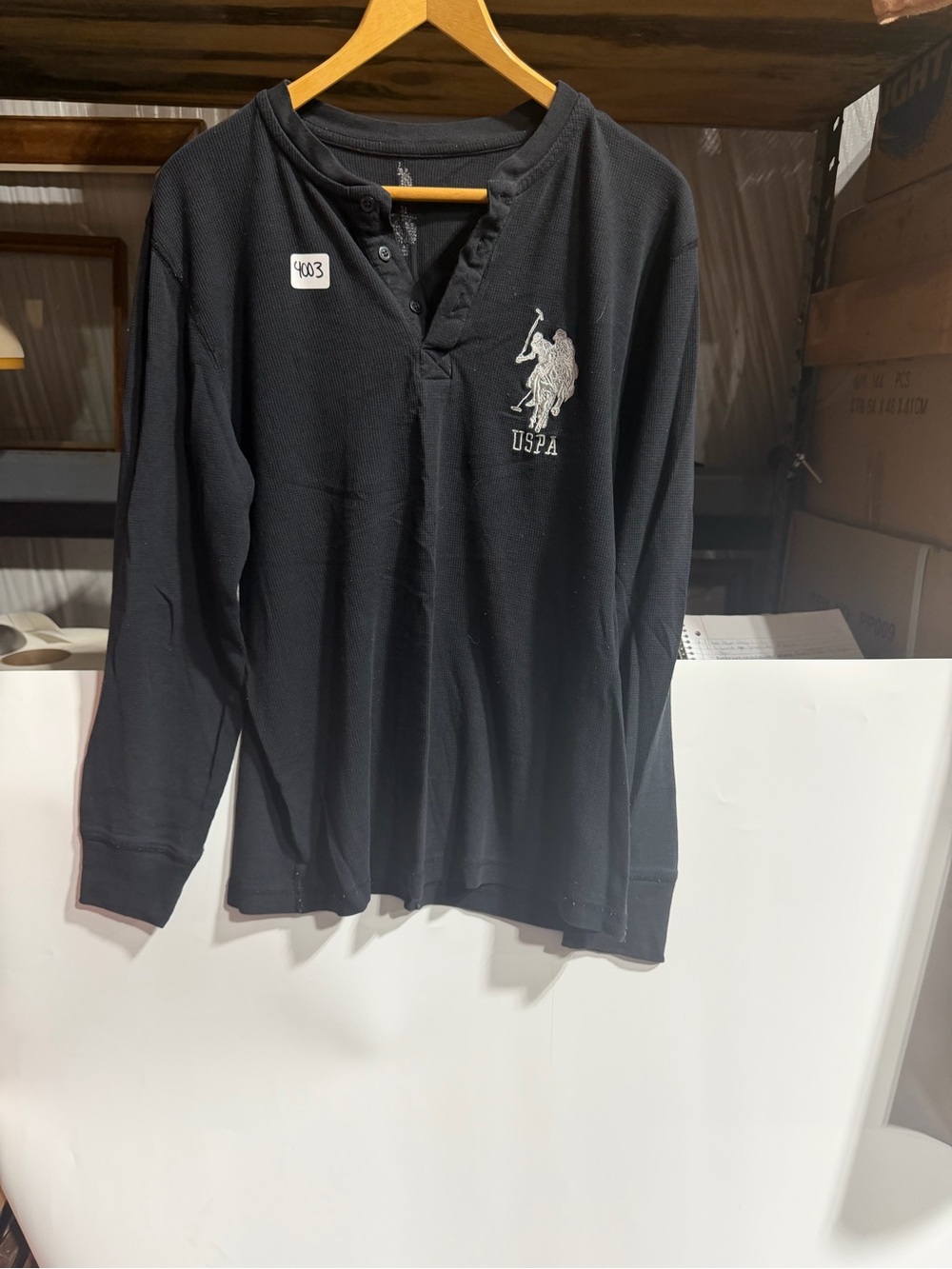 #4003-U.S. Polo Assn. Long Sleeve Henley Shirt in Black with White Logo